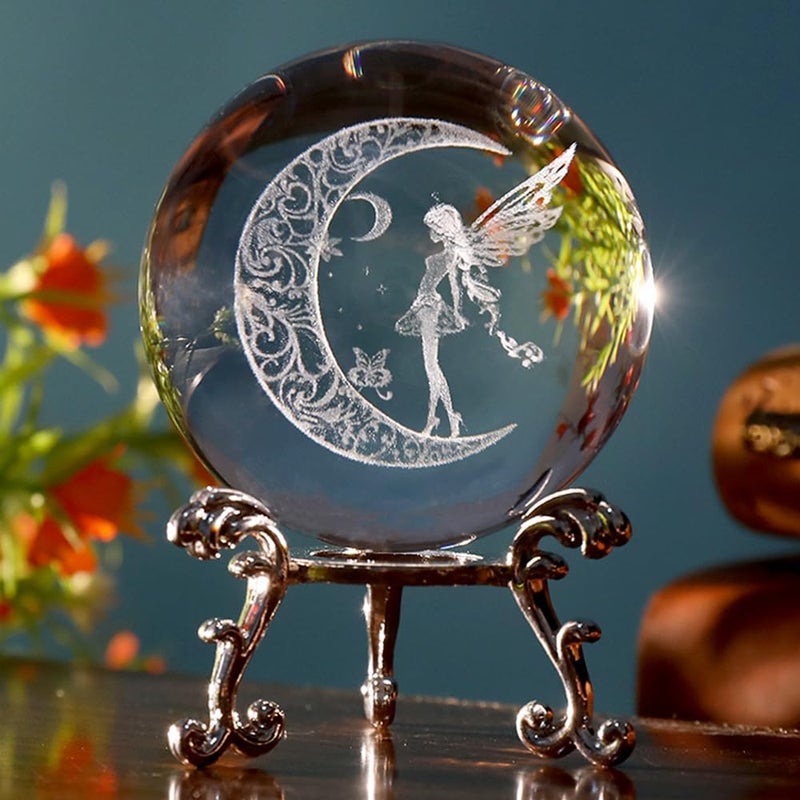 ZRENJHUS Fairy Crystal Ball 3D Moon Fairy Decorative Ball 60mm Glass Sphere Decor 3D Engraving Gifts for Girls Women Wife Wedding Gift with Stand - Image 1